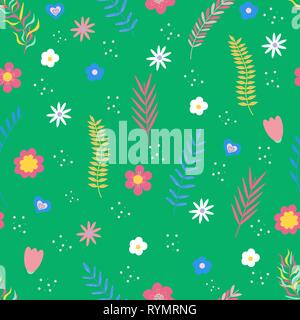 Summer floral seamless pattern. Flowers and branches in bright colors. Vector illustration. Stock Vector