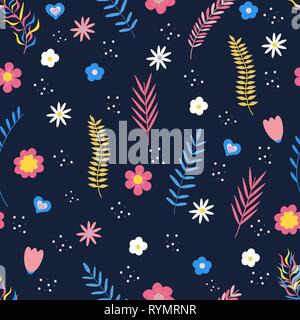 Summer floral seamless pattern. Flowers and branches in bright colors. Vector illustration. Stock Vector