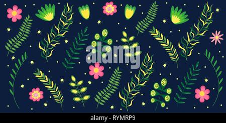 Summer floral banner pattern Flowers and branches in dark bright colors. Vector illustration Stock Vector