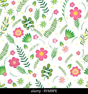 Summer floral seamless pattern. Flowers and branches in pastel colors. Vector illustration. Stock Vector