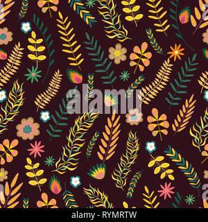 Summer floral seamless pattern. Flowers and branches in bright colors. Vector illustration Stock Vector