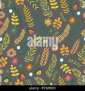 Summer floral seamless pattern. Flowers and branches in bright colors. Vector illustration Stock Vector