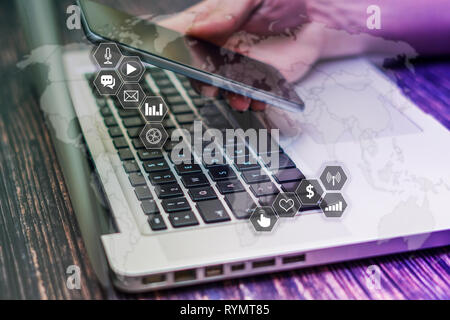 Marketing and business strategy concept on virtual screen. Advertising and digital technology concepts. Stock Photo