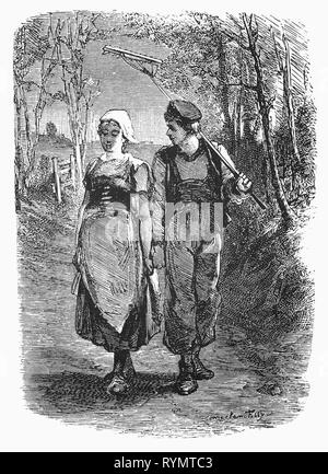 A young Dutch couple newly met, stroll, slightly tongue tied  down a forest track. From the Camera Obscura, a 19th Century collection of Dutch humorous-realistic essays, stories and sketches in which Hildebrand, the author, takes an ironic look at the behavior of the 'well-to-do', finding  them bourgeois and without a good word for them. Stock Photo