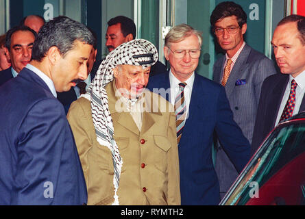 PLO leader Yasser Arafat arriving at London's Heathrow Airport in 1998. Stock Photo