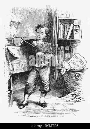 A young boy, dumps his childrens books and starts reading Voltaire and smoking a pipe. From the Camera Obscura, a 19th Century collection of Dutch humorous-realistic essays, stories and sketches in which Hildebrand, the author, takes an ironic look at the behavior of the 'well-to-do', finding  them bourgeois and without a good word for them. Stock Photo