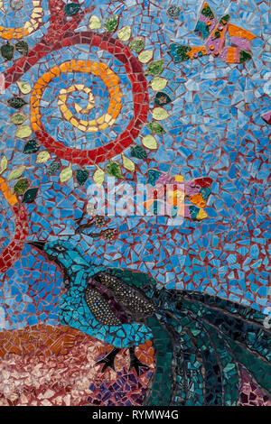 mosaic tile mural (detail) at the Eugene Field School, Albuquerque, New Mexico: tree of life with butterflies and peacock Stock Photo