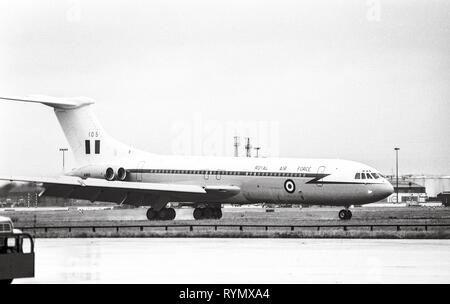 An RAF VC 10 aircraft being operated to transport the then Prime minister Margaret Thatcher on official visits. The aircraft is fitted an anti heat seeking missile pod beneath the engine. Stock Photo