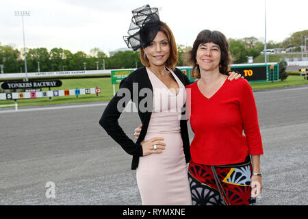 Yonkers, NY - March 14 2019:  Bethenny Frankel, with New York Post Reporter, and Hat Judge, Lisa Fickenscher at The Saturday, May 7, 2016 Kentucky Derby Day at Empire City Casino in Yonkers, NY. (Photo by Steve Mack/S.D. Mack Pictures/Alamy) Stock Photo