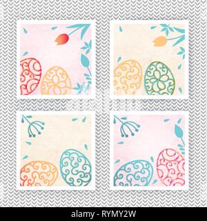Square Easter banner. Ornamental eggs with floral elements on watercolor background Stock Vector