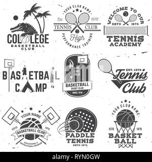 Set of basketball and tennis badge, emblem or sign. Vector. Concept for shirt, print, stamp or tee. Vintage typography design with basketball hoop, tennis racket and ball silhouette. Stock Vector