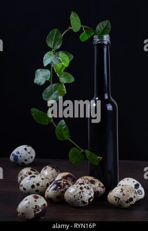 Quail eggs still life. Quail eggs lie on a dark wood table next to a green sprig in a black glass bottle on a black background Stock Photo