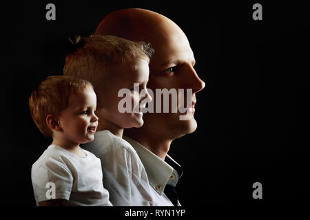 Man's growing up, kid, boy, guy. concept of human adulthood. portrait in profile on black background. Stock Photo