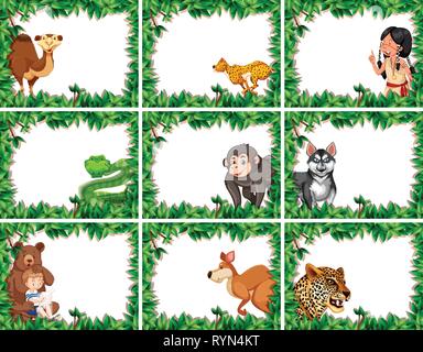 Set of animal on nature border illustration Stock Vector