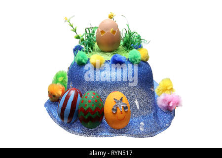 Hat with Easter Eggs on White Background Stock Photo