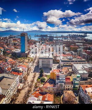 Panoramic view over the center of Bourgas, Bulgaria, shot with drones Stock Photo