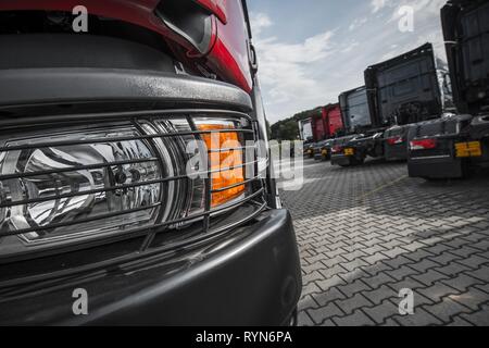 Semi Trucks Dealer Lot. Bran New Vehicles For Sale. Transportation Industry. Stock Photo