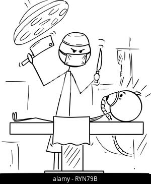 Cartoon of Mad Surgeon on Operating Theater Ready to Operate a Patient With Cleaver Stock Vector