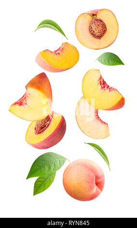 Falling fresh peach isolated on white background Stock Photo