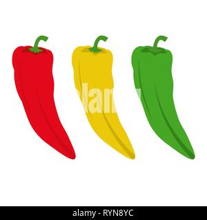 Three chilli peppers isolated. Red, yellow and green chilli peppers. White background. Stock Vector