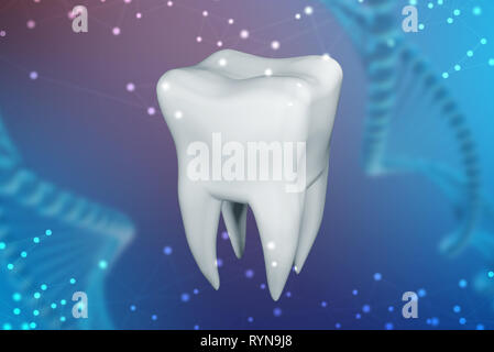 3d illustration of a human tooth on a blue abstract background. The concept of technology in dentistry Stock Photo