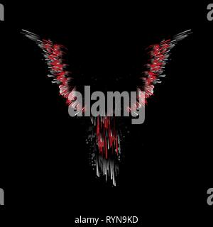 White and red grunge bird wings silhouettes with ink splash isolated on black background Stock Vector