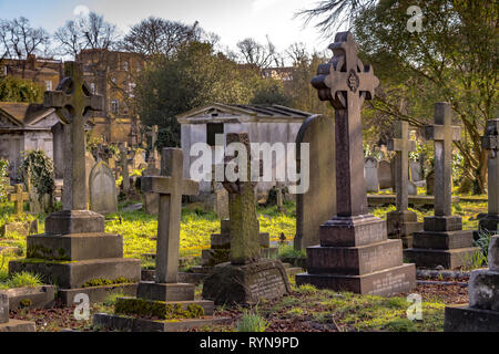 Graves and headstones in Brompton Cemetery in the Royal Borough of Kensington and Chelsea, SW London, London, UK Stock Photo
