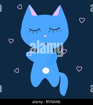 Blue cat is sleeping. White belly, pink paws. Funny kawaii kitten. Children s card. Cute cartoon vector character. illustration on dark background and Stock Vector
