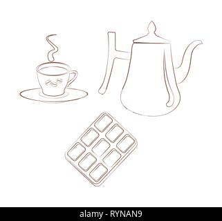 Set for breakfest a cup of coffee with a saucer, a coffee pot and chocolate on a white background. Contour emblem. Vector Hot chocolate or cocoa Stock Vector