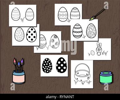 Vector Black and White Easter Egg poster separated on layers. Coloring book page for kids. Illustration with a thick contour and finger coloring Stock Vector