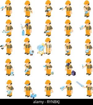 Worker and tool icons set, isometric style Stock Vector