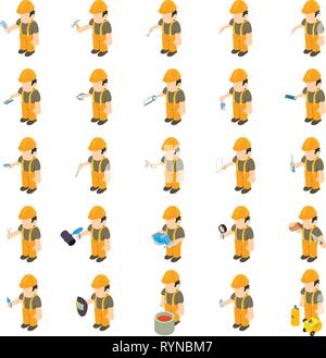 Worker builder icons set, isometric style Stock Vector