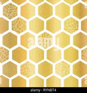 Gold foil hexagon shapes seamless vector pattern. Geometric golden hexagons background with texture. Elegant design for card, birthday party, wedding Stock Vector