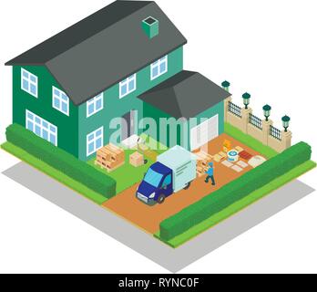 Relocation concept banner, isometric style Stock Vector