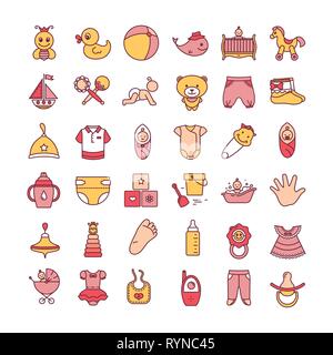 Colorful baby toys and clothes icon set isolated on a white background. Icon set in flat style drawing. Various children toys. Logo baby shop. Stock Vector