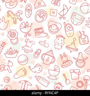 Colorful of seamless pattern of children toys and various children elements in pink. The pattern consists of linear children icons. Stock Vector