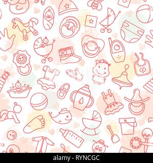 Colorful of seamless pattern of children toys and various children elements in pink. Stock Vector