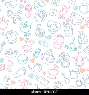 Colorful of seamless pattern of children toys and various children elements in pink. Stock Vector