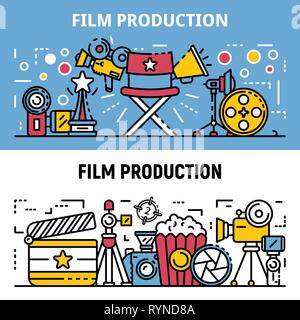 Film production banner set, outline style Stock Vector