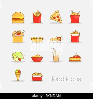 Set of colorful hand drawn doodle style fast food icons. Flat colorful illustration for web. Vector illustration Stock Vector