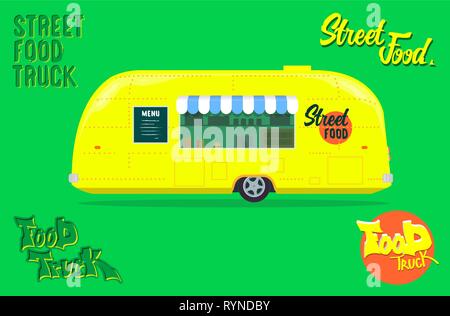 Yellow fastfood delivery transport with street food logo set and food truck letters. Vector mobile kitchen. Illustration Stock Vector