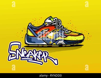Illustration of sneaker in color. Sport shoes. Shoes for running. Icon. Lettering logo. Vector illustration EPS 10 Stock Vector