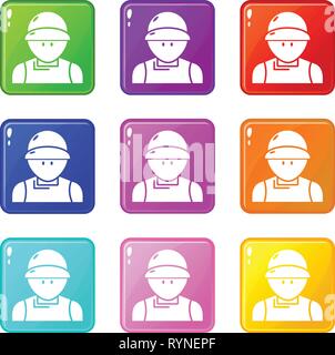 Plumber man icons set 9 color collection Stock Vector