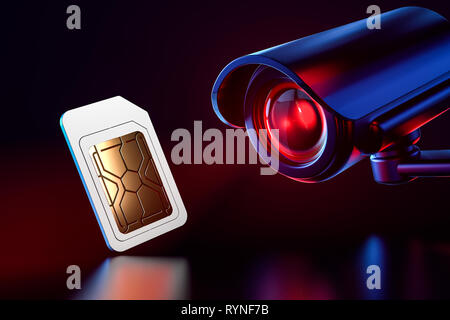 Sim card checked by cctv. Spying on mobile data transfers or phone calls concept. 3D rendering Stock Photo