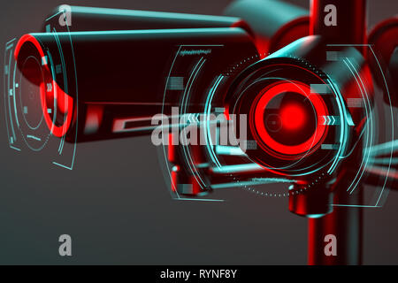 Close up on cctv lens surrounded by some kind of futuristic interface as a metaphor of future societies controlled with surveillance system. 3D render Stock Photo