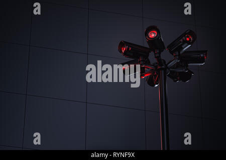 Pylon with several cctv cameras and copy space on the left side for text. Future with constant surveillance and social credit system concept. 3D rende Stock Photo