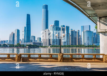 GUANGZHOU, CHINA - OCTOBER 27: This is a riverside view of the modern Guangzhou skyline in the downtown area on October 27, 2018 in Guangzhou Stock Photo