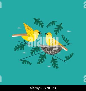 Hand drawn birds in nest cartoon Stock Vector