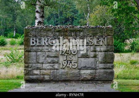 Bergen-Belsen concentration camp: Memorial stone at the entrance to the historical camp area, Lüneburg Heath, Lower Saxony, Germany Stock Photo