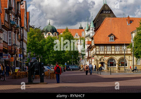 Celle: Stechbahn in old town, Celle castle in the background,Lüneburg Heath, Lower Saxony, Germany Stock Photo